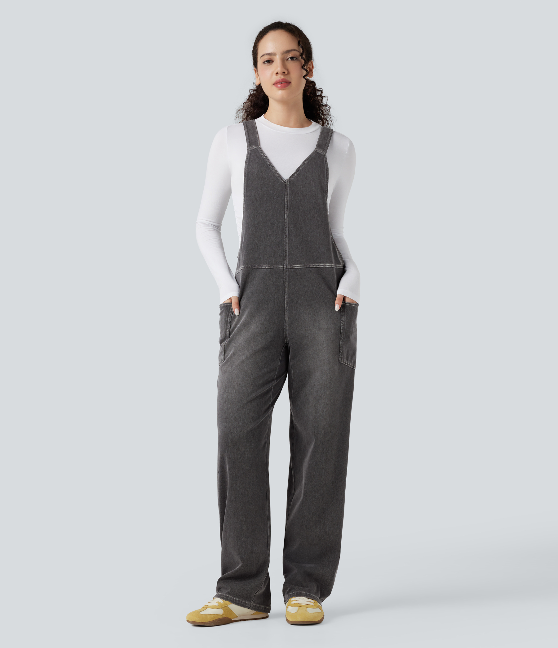 V Neck Pocket Washed Denim Casual Overalls