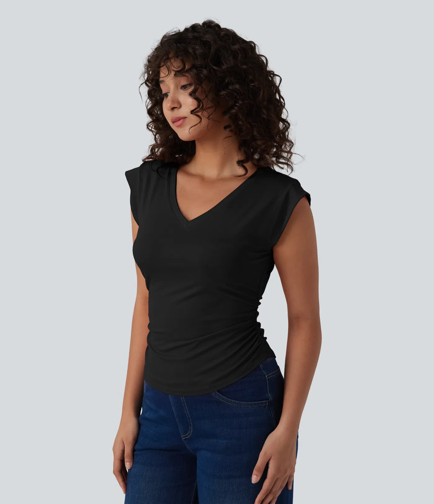 V-Neck Short-Sleeve Curved Hem Pleated Casual Tee