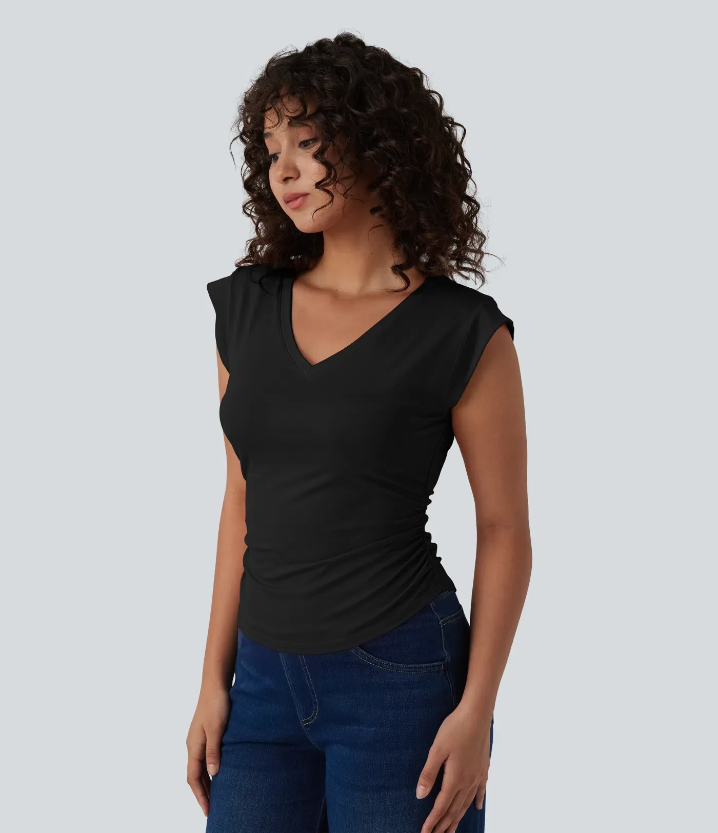 V-Neck Short-Sleeve Curved Hem Pleated Casual Tee