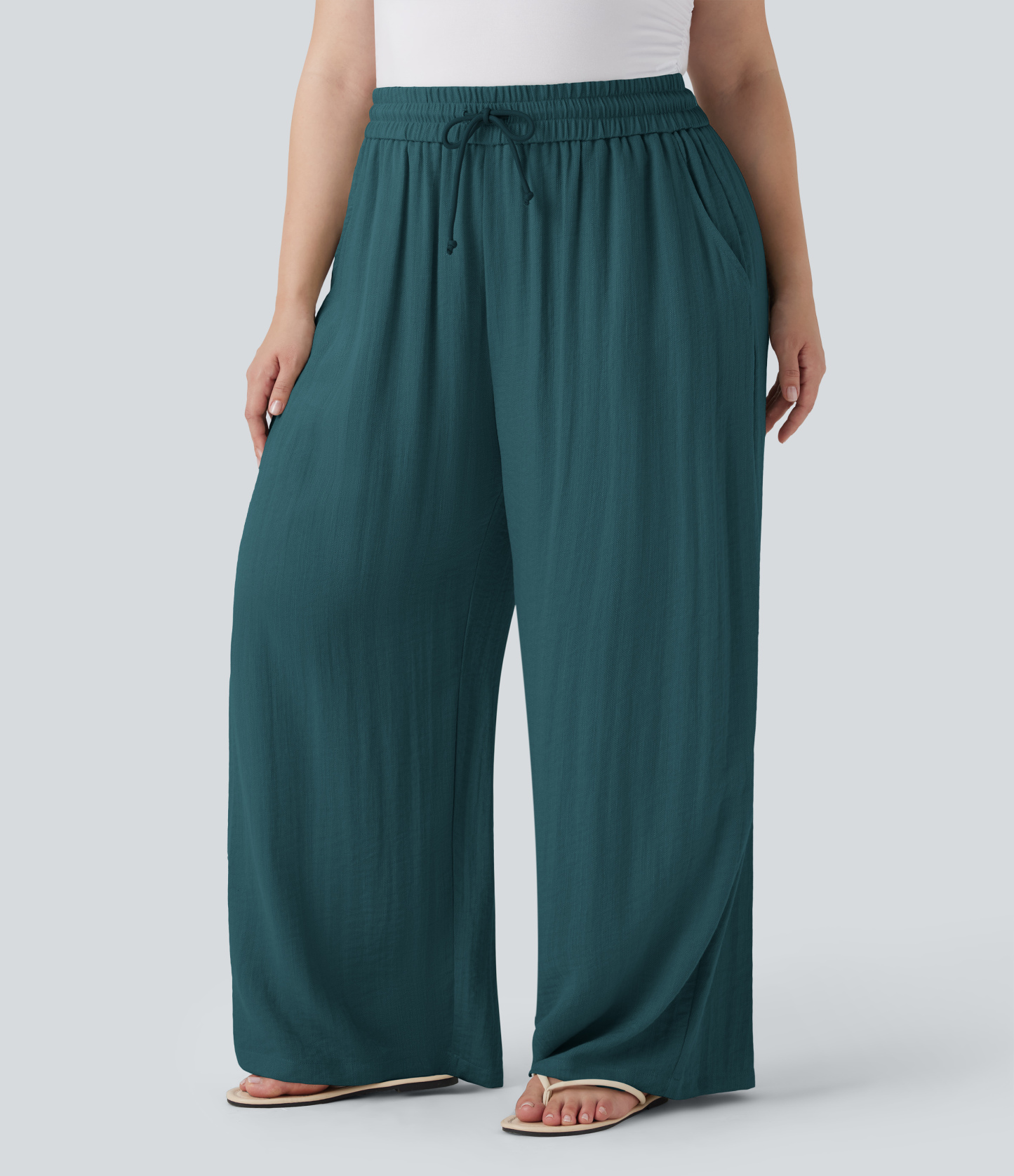High Waisted Drawstring Linen-Feel Wide Leg Casual Plus Size Pants with Pockets