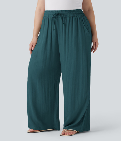 High Waisted Drawstring Linen-Feel Wide Leg Casual Plus Size Pants with Pockets