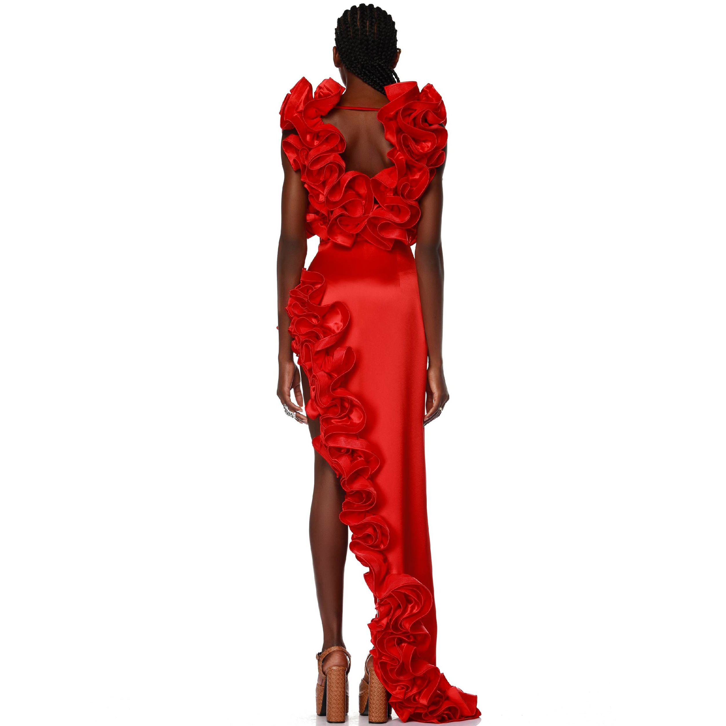Red Flower Frilled V Neck One Piece Swimsuit and Skirt