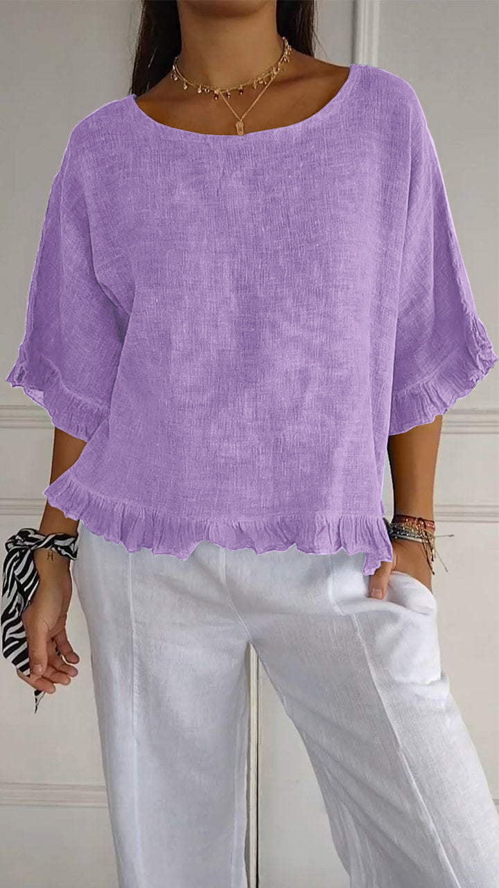 Round Neck Ruffled Hem Mid-sleeve Cotton and Linen Top
