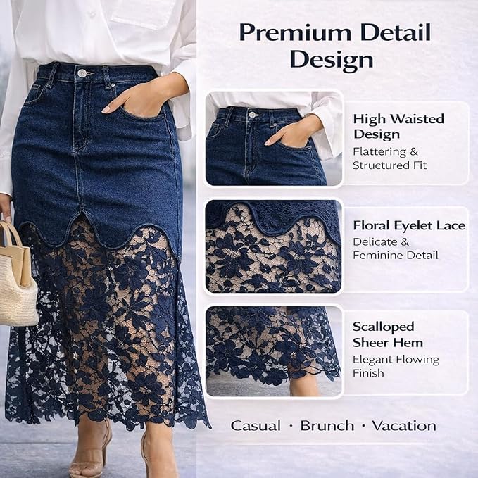Women Lace Eyelet Patchwork Jean Skirt High Waisted Boho Floral Mesh Sheer Long Denim A Line Maxi Jean Skirt with Pockets