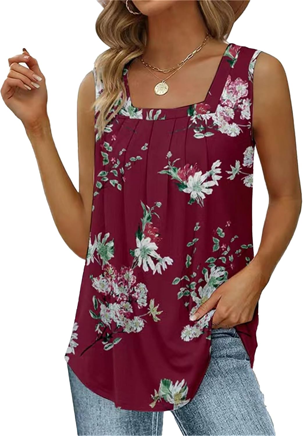 Women's Sleeveless Floral Print Tank Tops Elegant Casual Square Collar Summer Basic Cotton Camisole Tops for Women