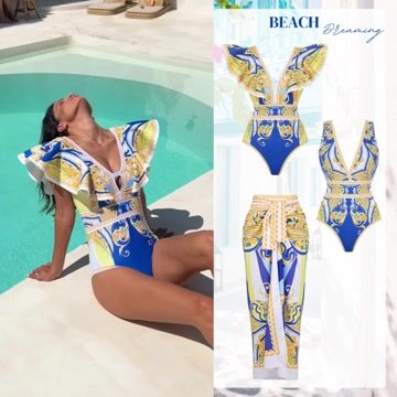 Ruffle V Neck Pattern Print One Piece Swimsuit and Sarong or Pants