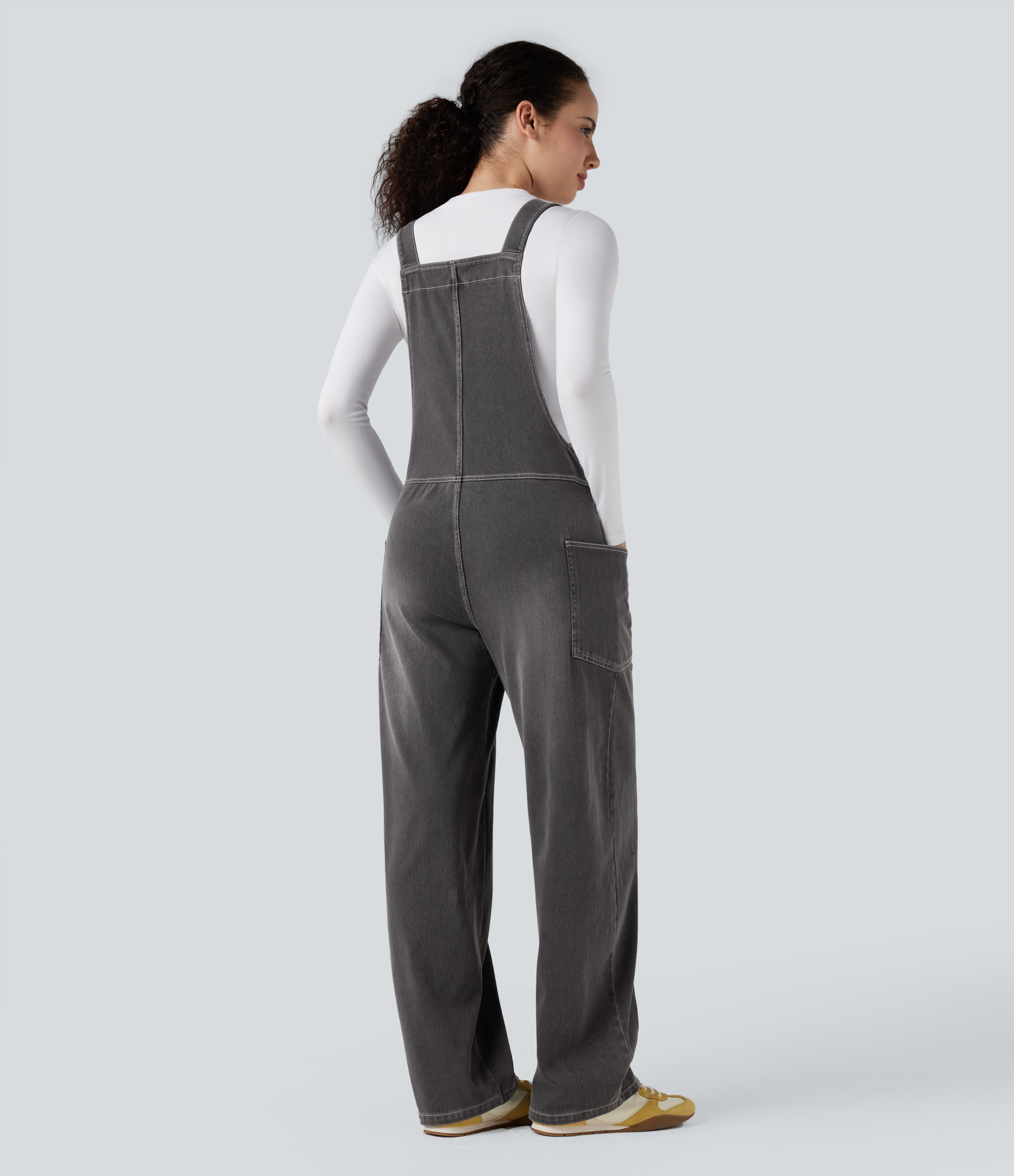 V Neck Pocket Washed Denim Casual Overalls