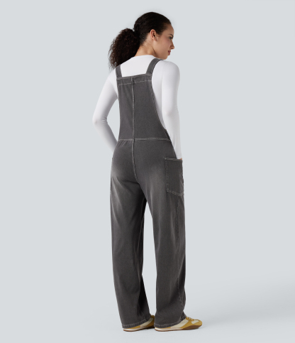 V Neck Pocket Washed Denim Casual Overalls