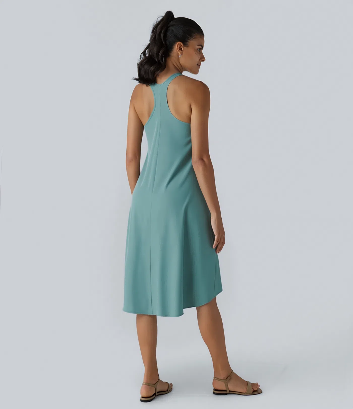 Backless Side-Pocket High-Low Hem Flowy Mid-Length Quick-Drying Casual Dress