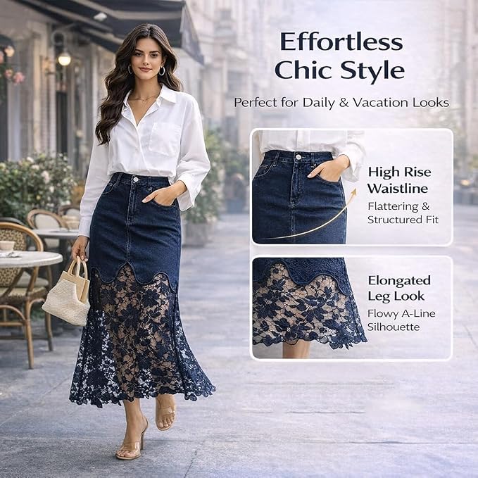 Women Lace Eyelet Patchwork Jean Skirt High Waisted Boho Floral Mesh Sheer Long Denim A Line Maxi Jean Skirt with Pockets