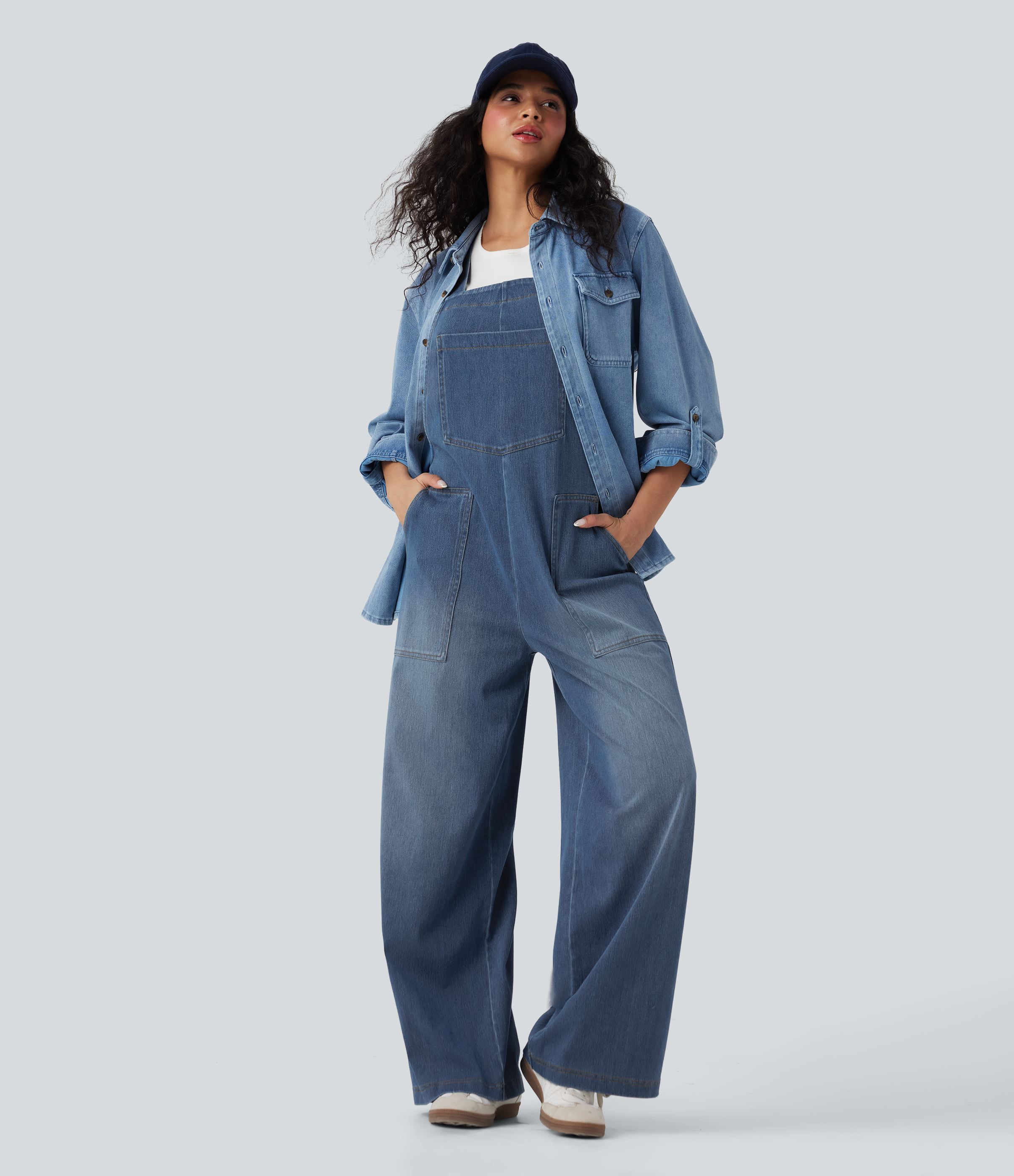 Square Neck Washed Denim Casual Overalls with Pockets