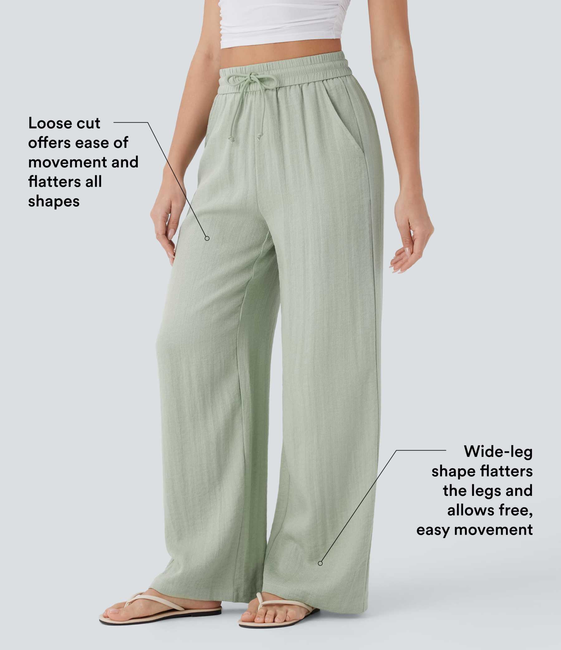 High Waisted Drawstring Pocket Wide Leg Casual Linen-Feel Pants