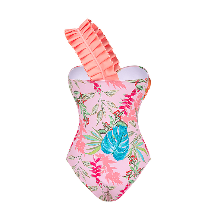 One Shoulder Floral Print One Piece Swimsuit and Skirt Flaxmaker