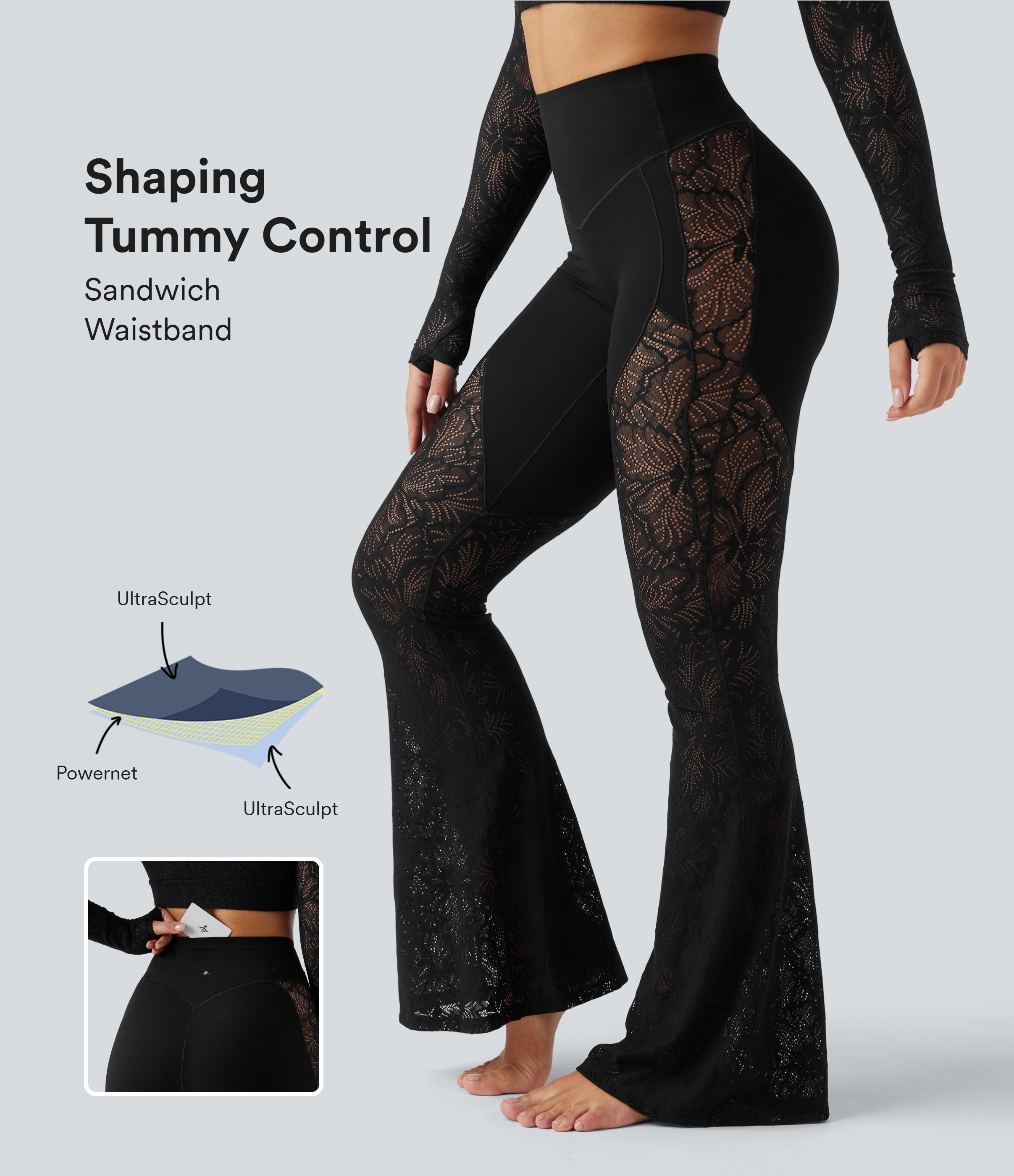 High Waisted Tummy Control Contrast Lace Yoga Flare Leggings with Pocket