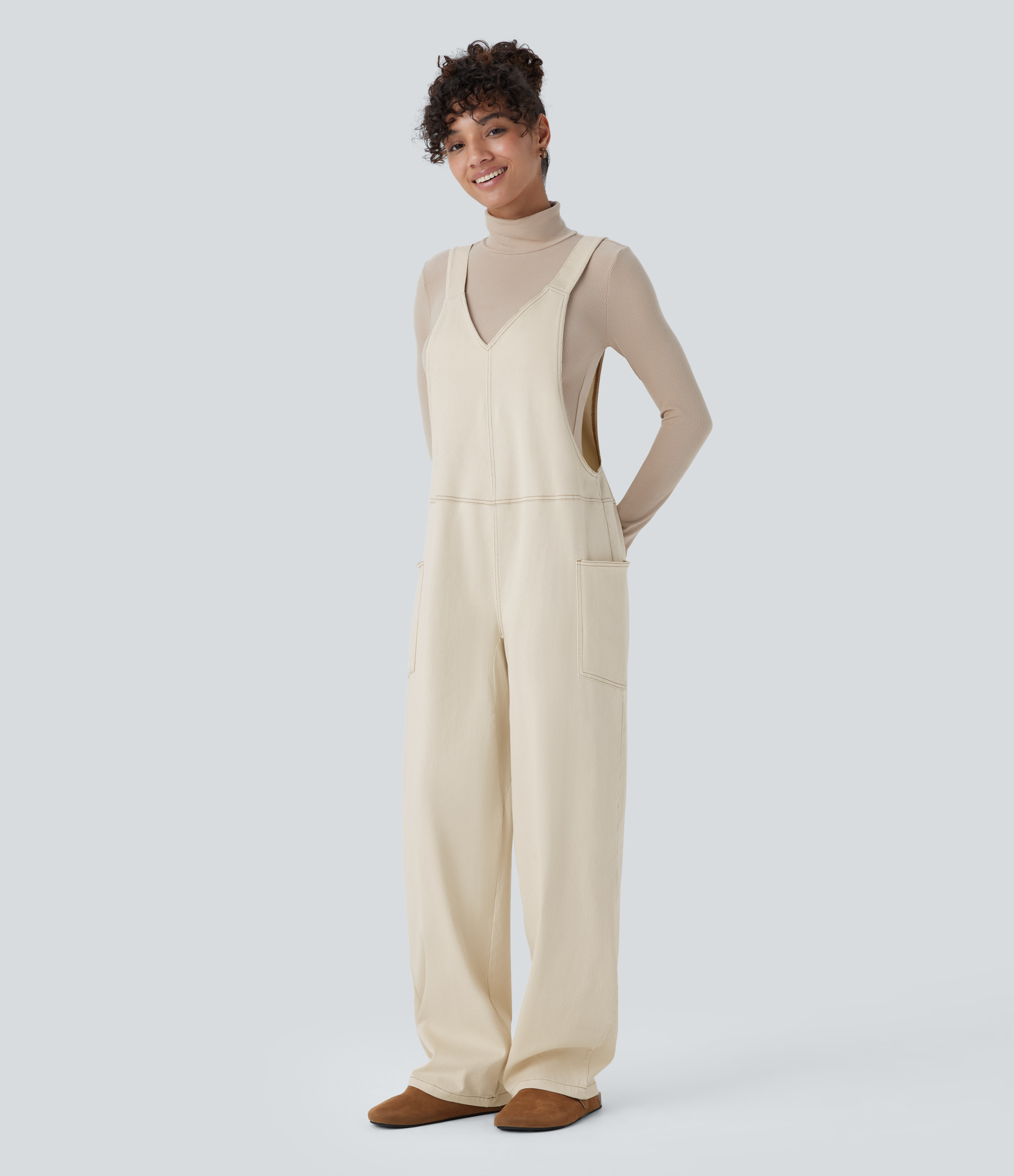 V Neck Pocket Washed Denim Casual Overalls