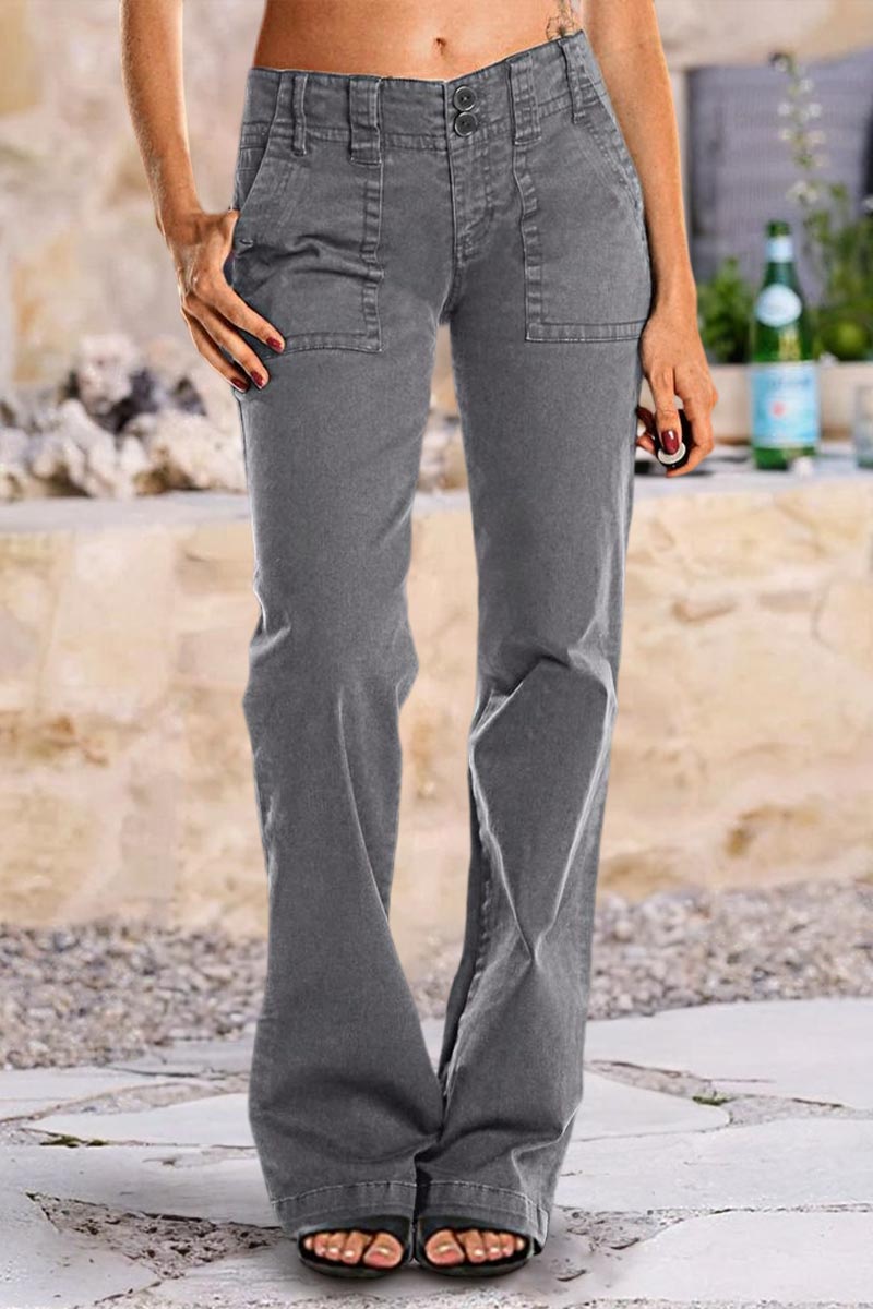 Double Button Mid Waist Straight Leg Pants