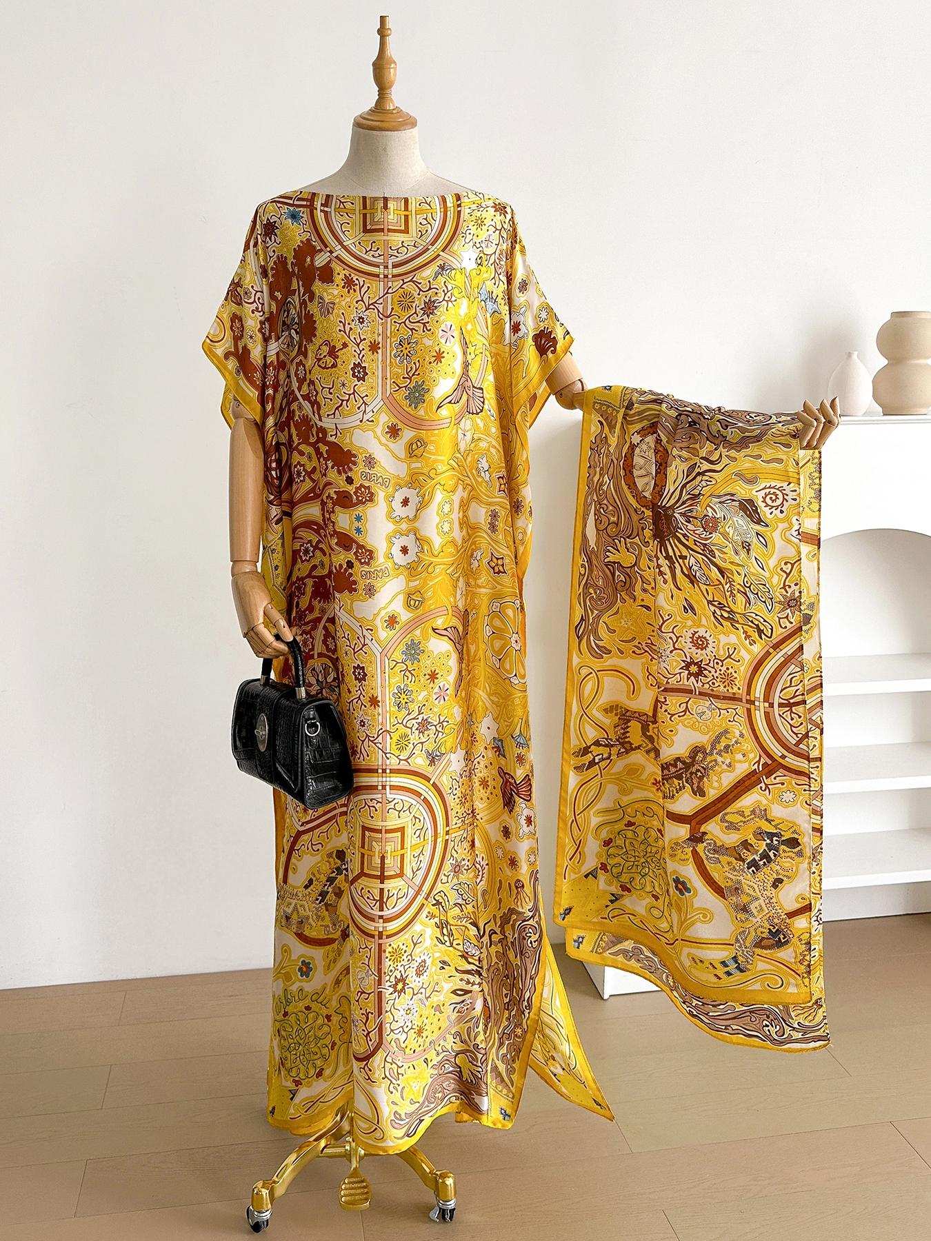 Women's Floral Print Lightweight Long Dress & Scarf Piece Set Outfit, Boho Casual Wear Shawl Dress & Scarf Set for Beach Vacation Holiday, Ladies Clothes for All Seasons