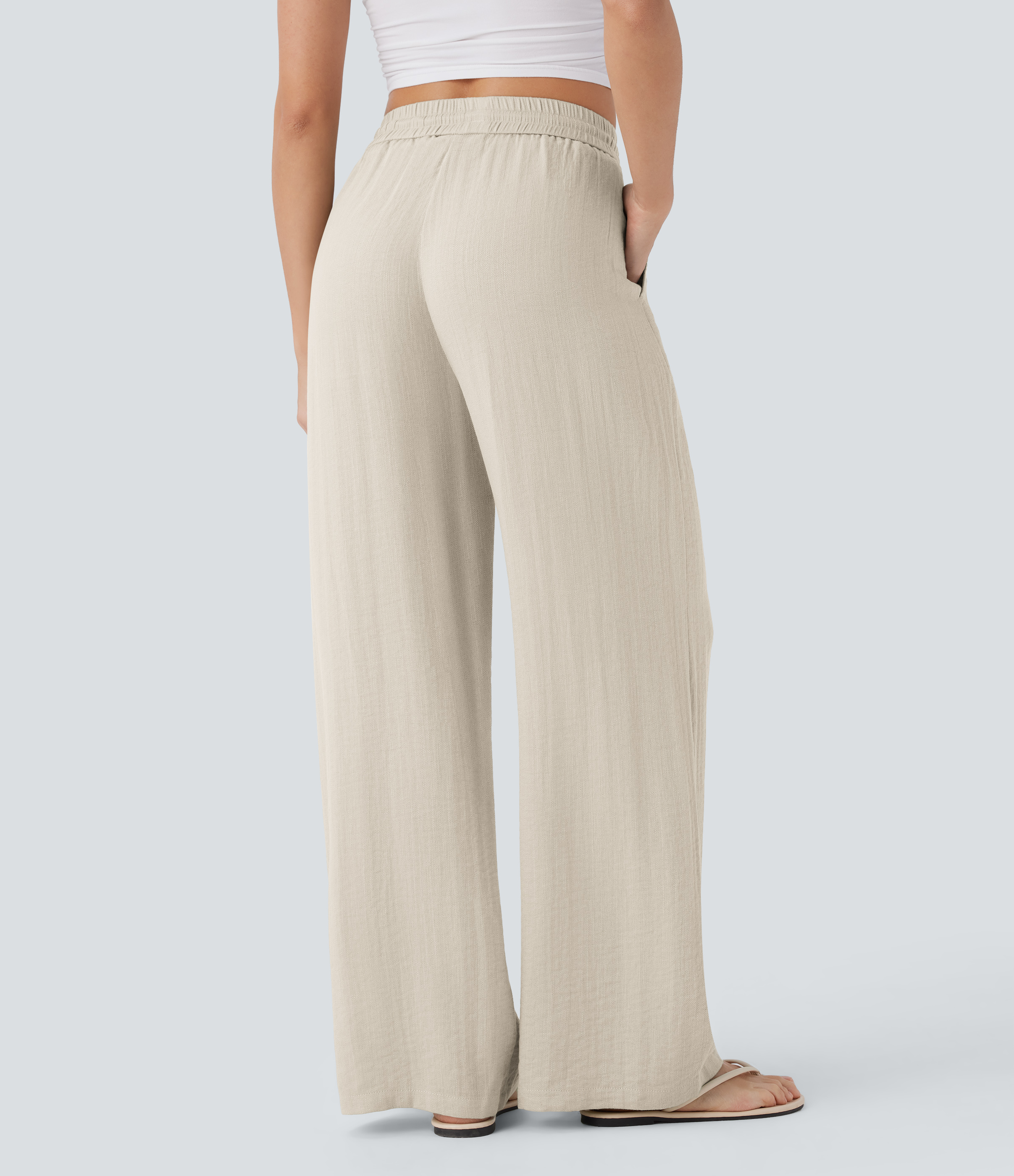 High Waisted Drawstring Pocket Wide Leg Casual Linen-Feel Pants