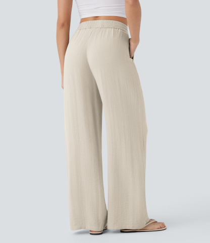 High Waisted Drawstring Pocket Wide Leg Casual Linen-Feel Pants