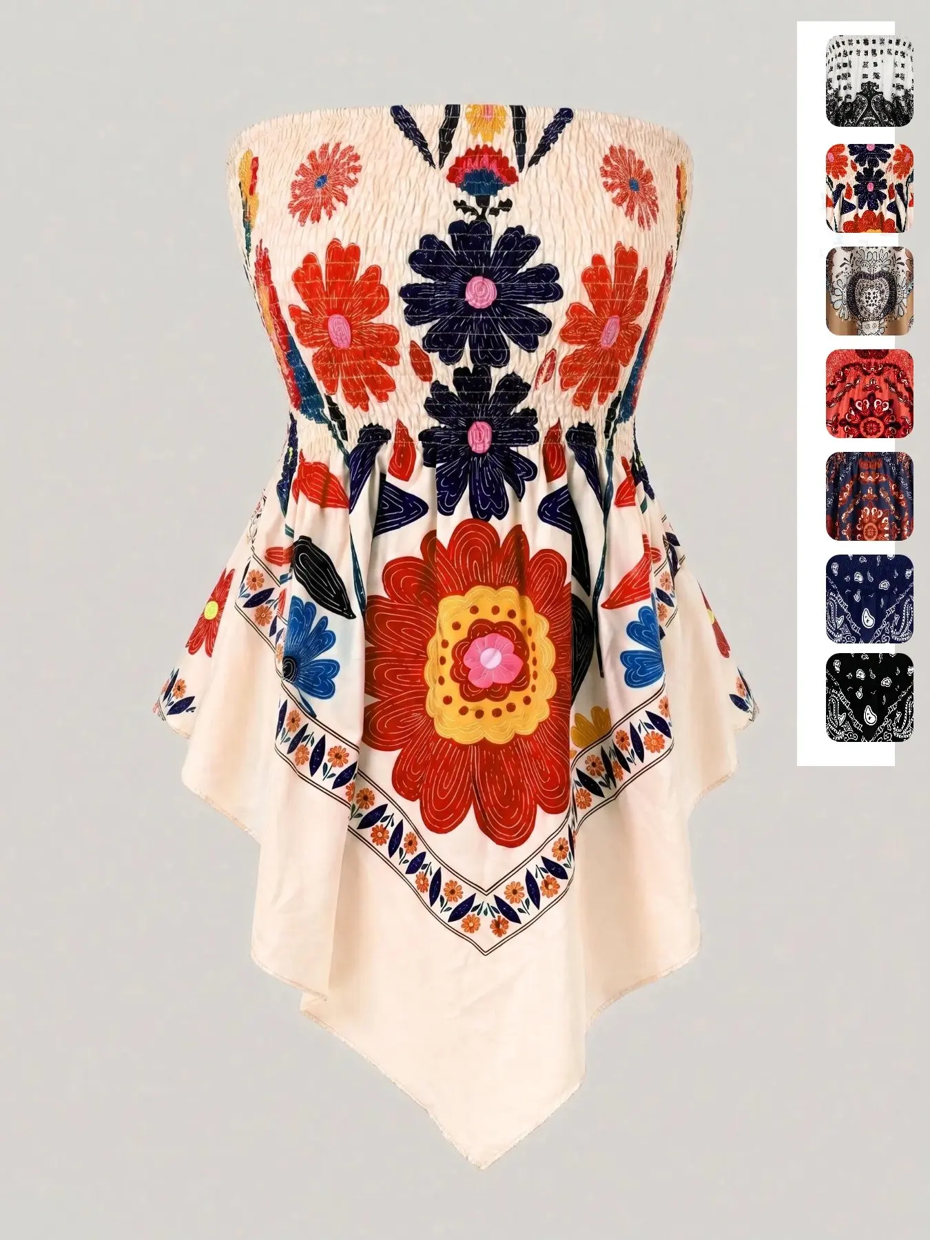 Plus Size Women's Ethnic Print Strapless Top, Bohemian Style Asymmetrical Hem Tube Top, Casual Summer Fashion Top