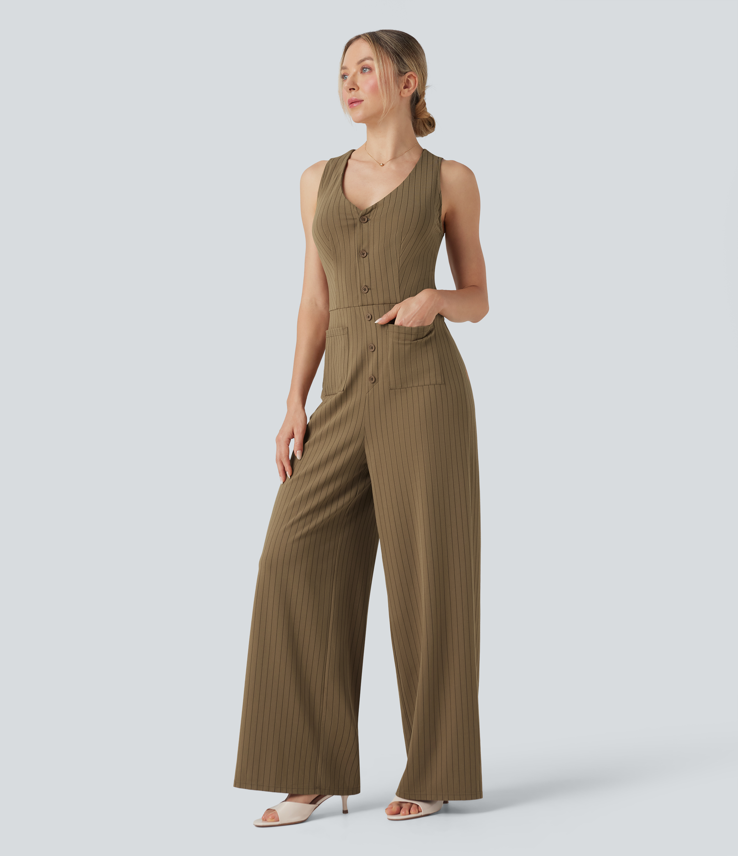 V Neck Sleeveless Cut Out Pockets Wide Leg Stripe Cool Touch Work Jumpsuit