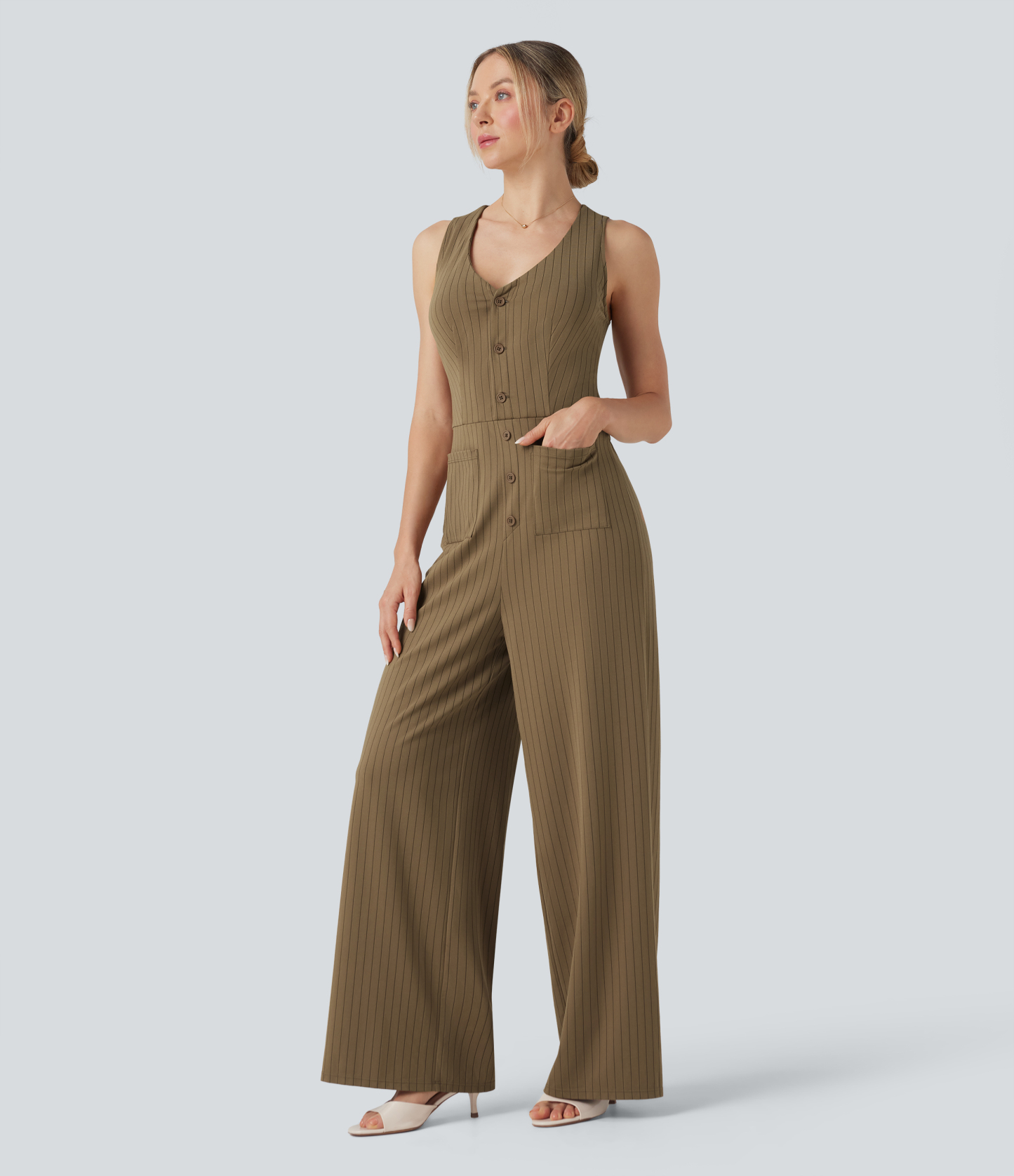 V Neck Sleeveless Cut Out Pockets Wide Leg Stripe Cool Touch Work Jumpsuit