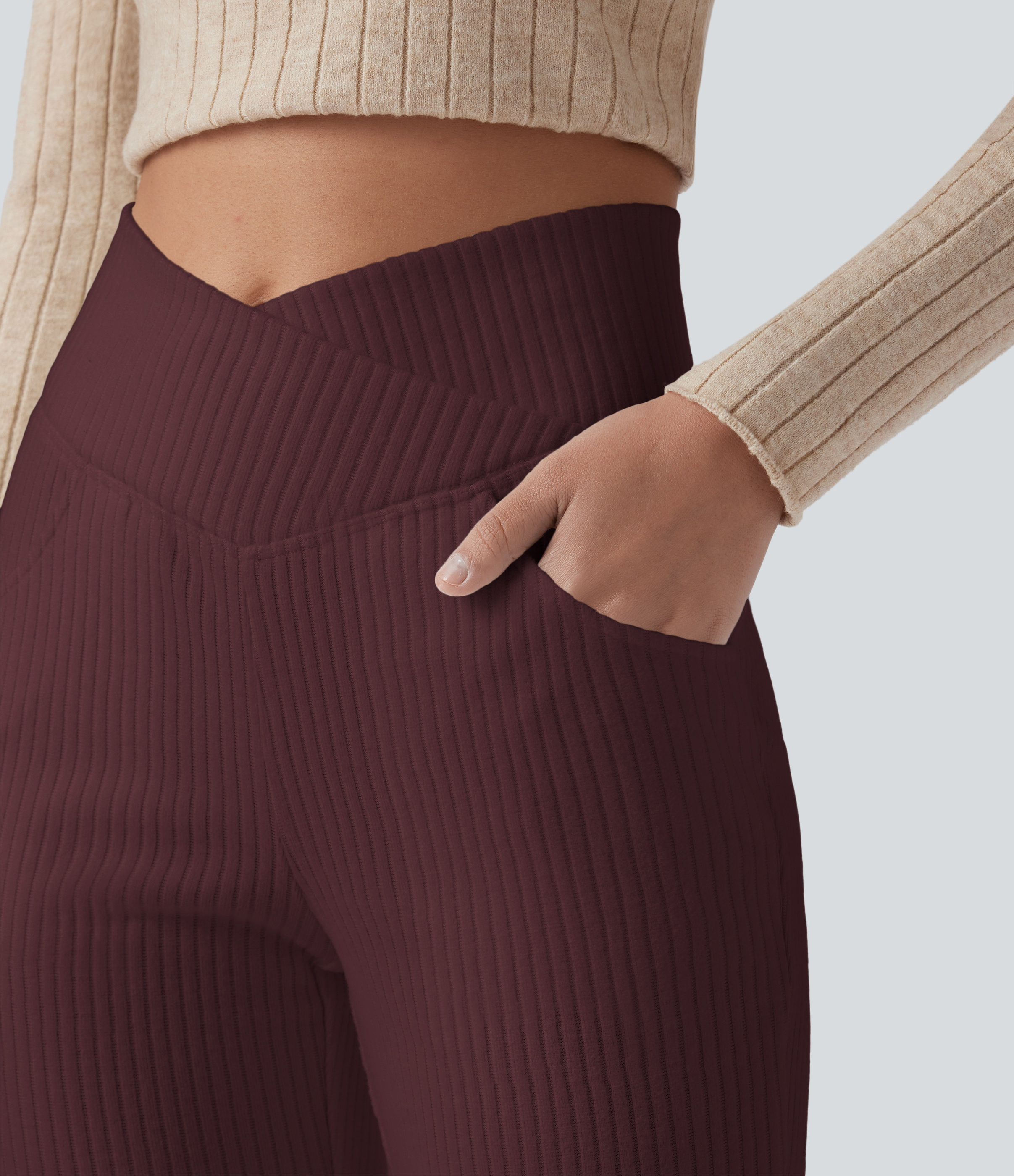 Ribbed Knit Crossover High Waisted Pocket Casual Flare Pants