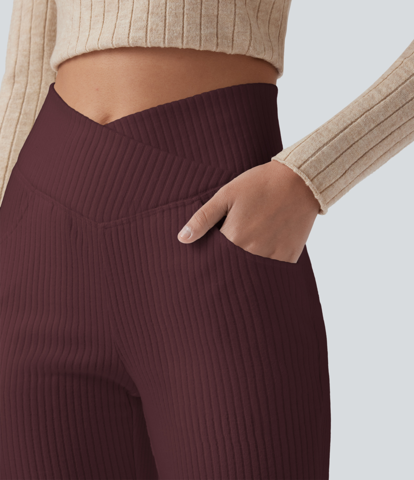 Ribbed Knit Crossover High Waisted Pocket Casual Flare Pants