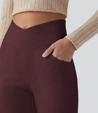 Ribbed Knit Crossover High Waisted Pocket Casual Flare Pants