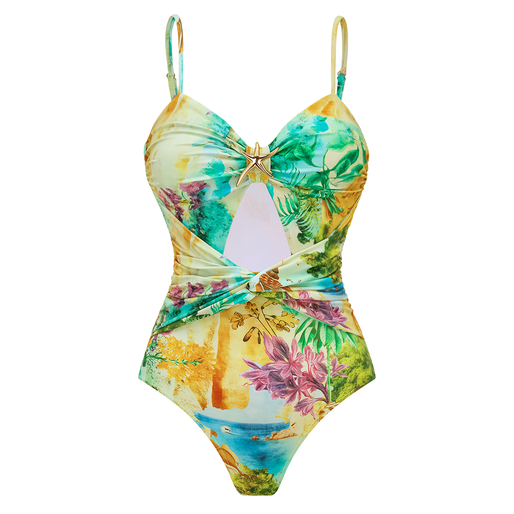Plus Size Landscape Prints Hollow One Piece Swimsuit and Skirt