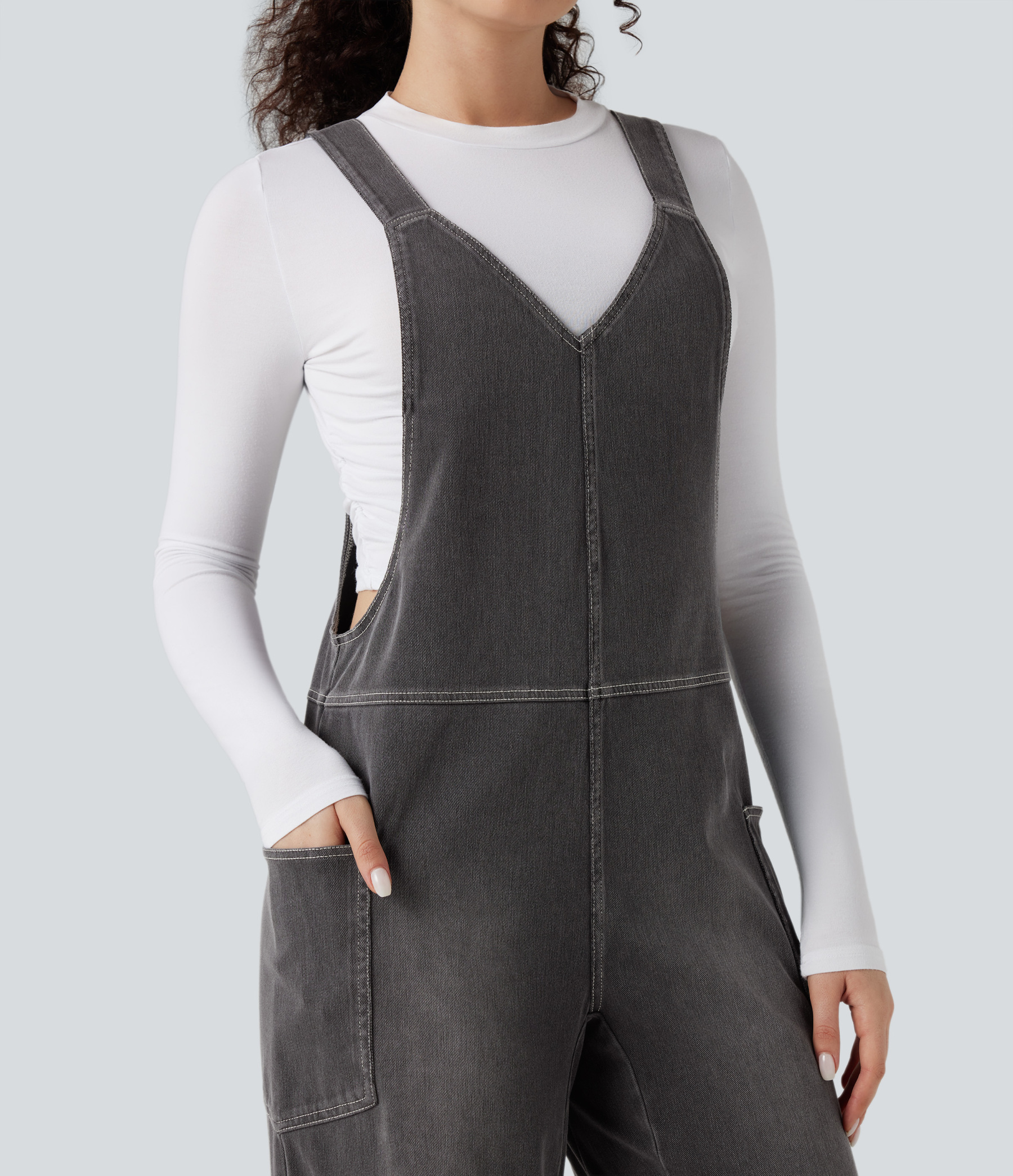 V Neck Pocket Washed Denim Casual Overalls