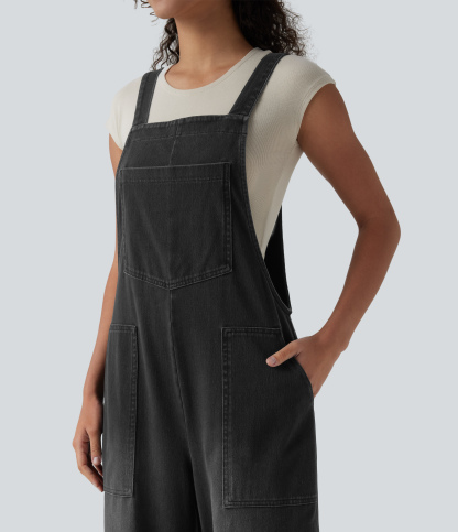 Square Neck Washed Denim Casual Overalls with Pockets