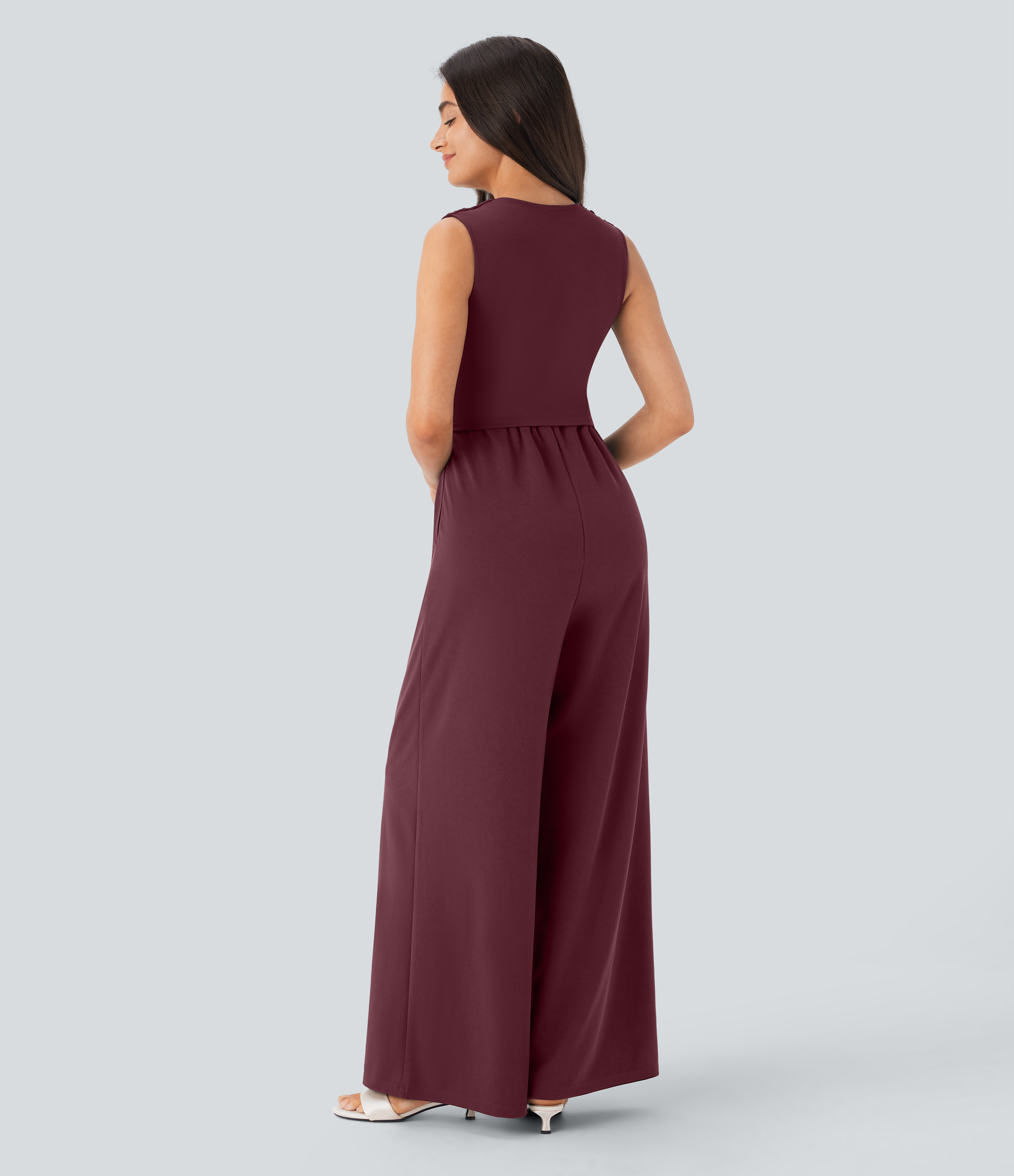 V Neck Sleeveless Ruched Pocket Jumpsuit-Easy Peezy