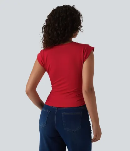 V-Neck Short-Sleeve Curved Hem Pleated Casual Tee