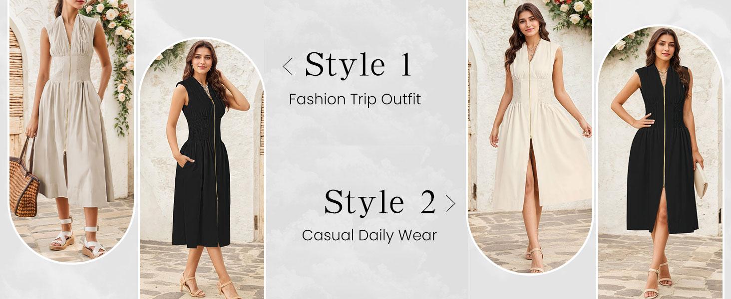 【GUNEST】Women&rsquo;s Summer Smocked Midi Dress&mdash;V-neck, sleeveless/cap sleeve, zipper back, high slit, flowy and elegant for parties, birthdays, or minimalist daily looks. Waist-trainer friendly. Stylish beige essential. Womenswear,#DealsForYouDays