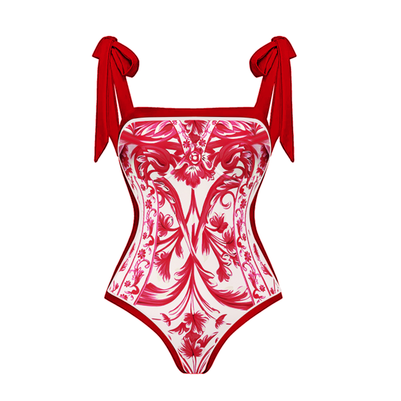 Reversible Tie-shoulder Baroco Style Printed One Piece Swimsuit and Skirt Flaxmaker