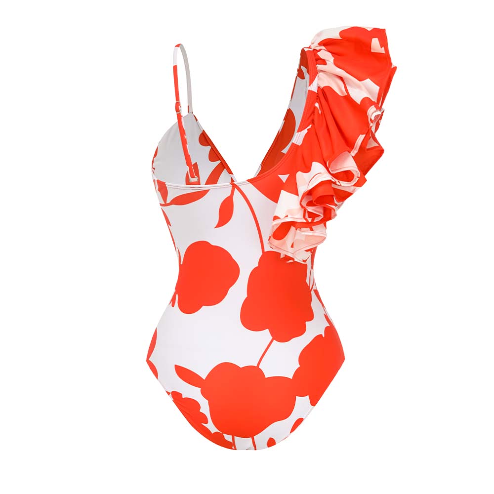 Plus Size One Shoulder Ruffle Printed One Piece Swimsuit and Skirt