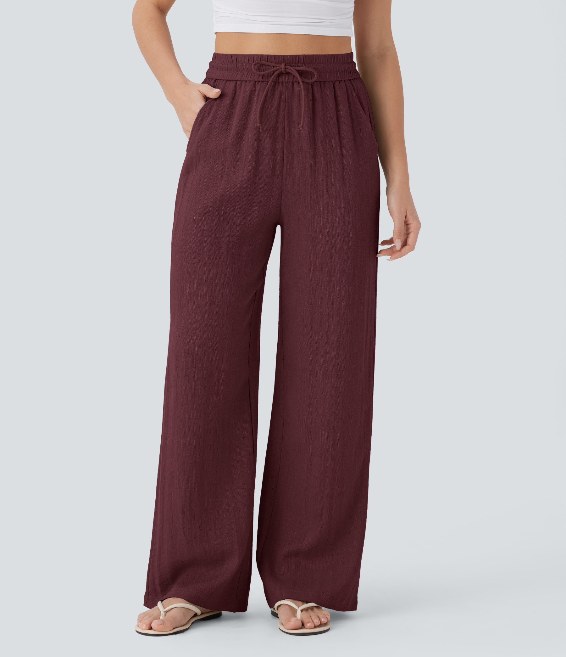 High Waisted Drawstring Pocket Wide Leg Casual Linen-Feel Pants
