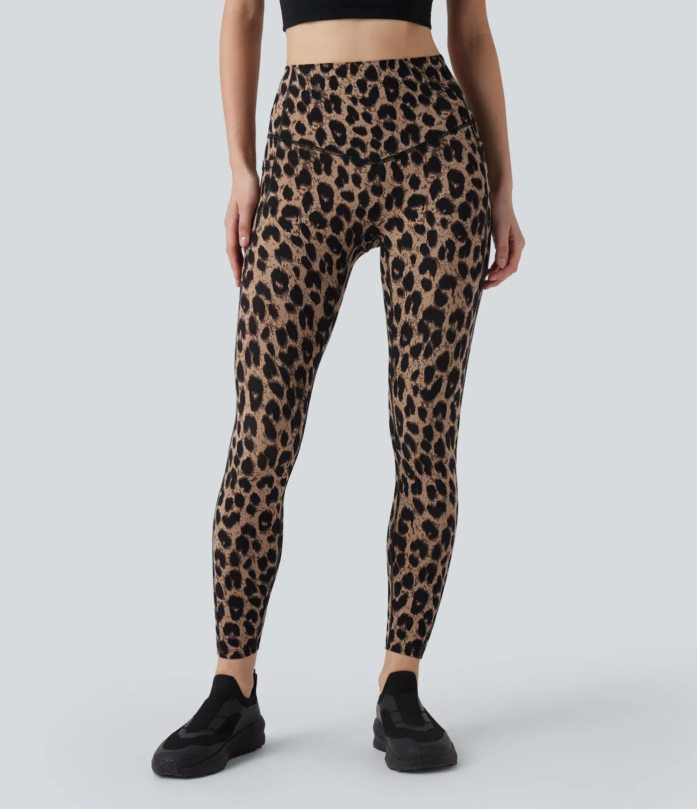 Leopard Print High Waisted Tummy Control Yoga Leggings with Pockets