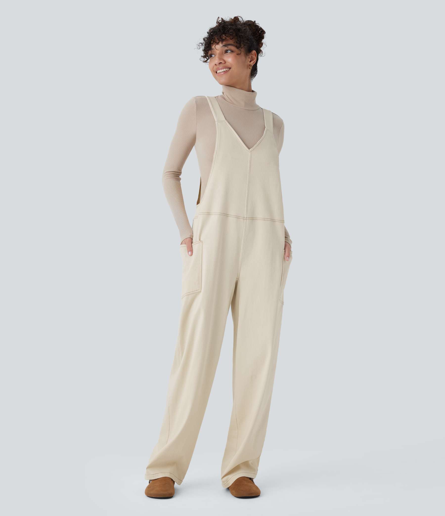 V Neck Pocket Washed Denim Casual Overalls