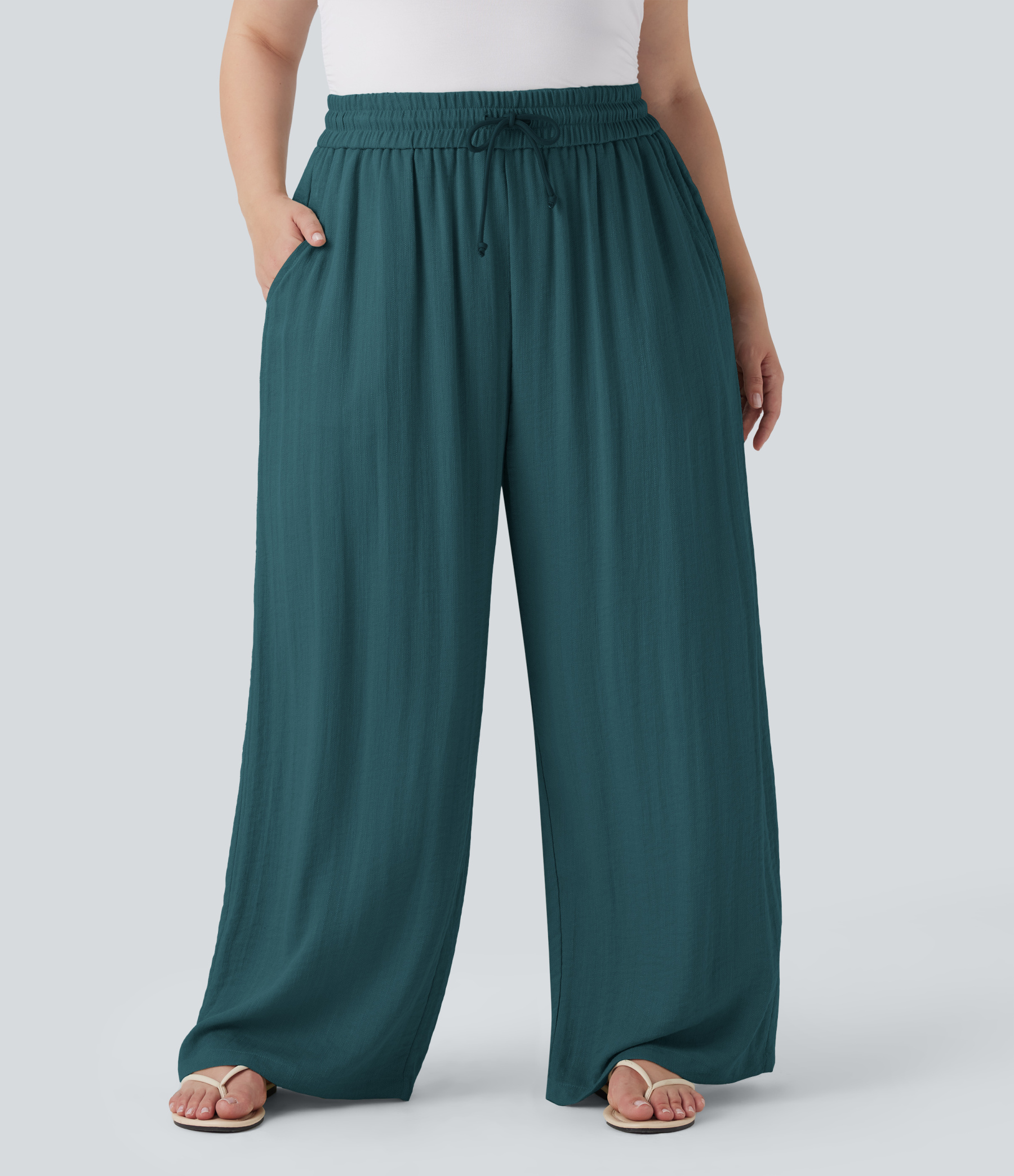 High Waisted Drawstring Linen-Feel Wide Leg Casual Plus Size Pants with Pockets