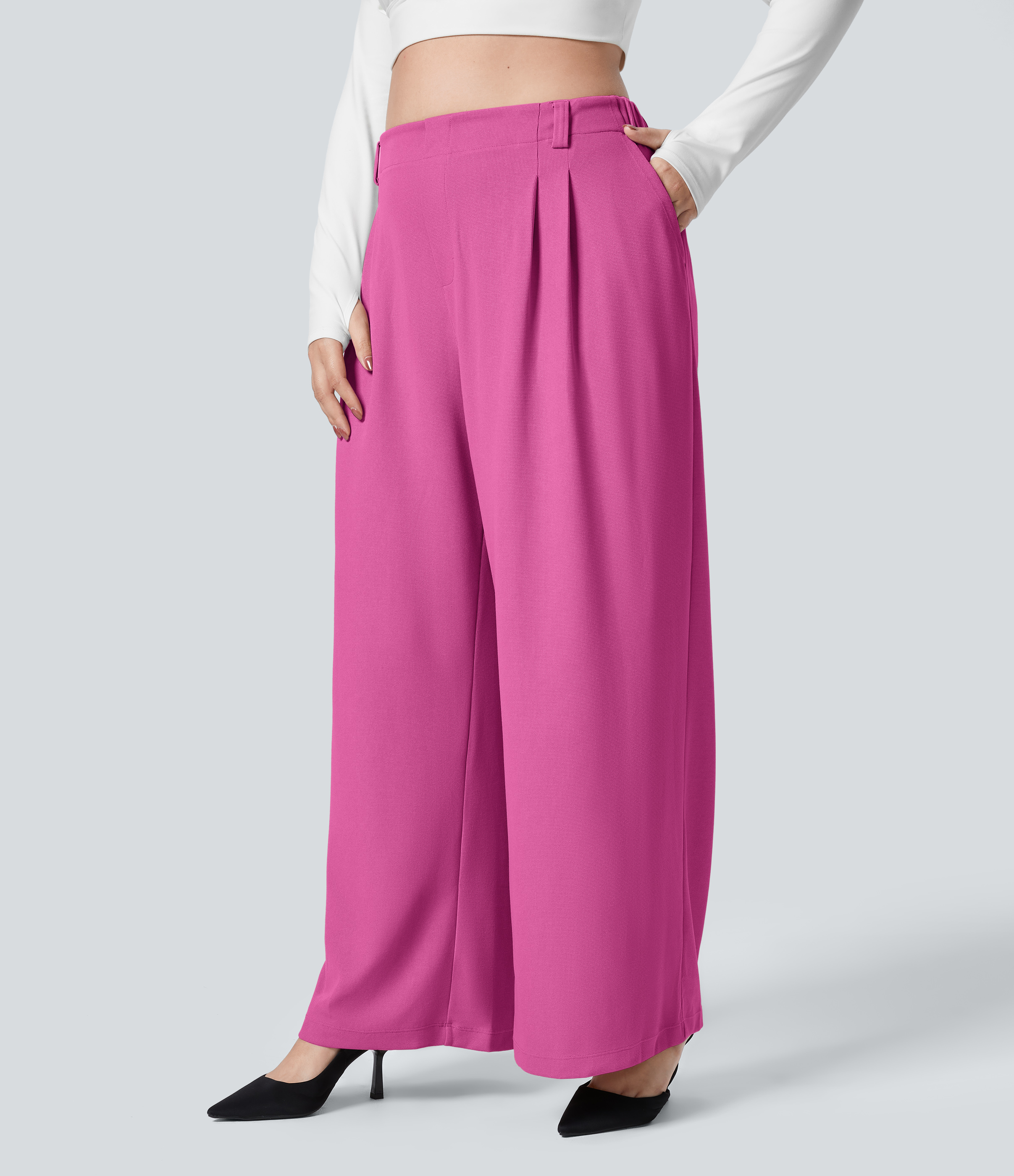 High Waisted Pocket Wide Leg Waffle Work Plus Size Pants