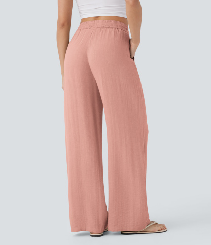 High Waisted Drawstring Pocket Wide Leg Casual Linen-Feel Pants