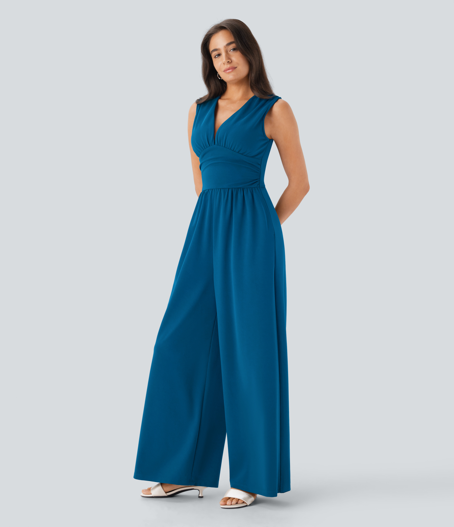 V Neck Sleeveless Ruched Pocket Jumpsuit-Easy Peezy