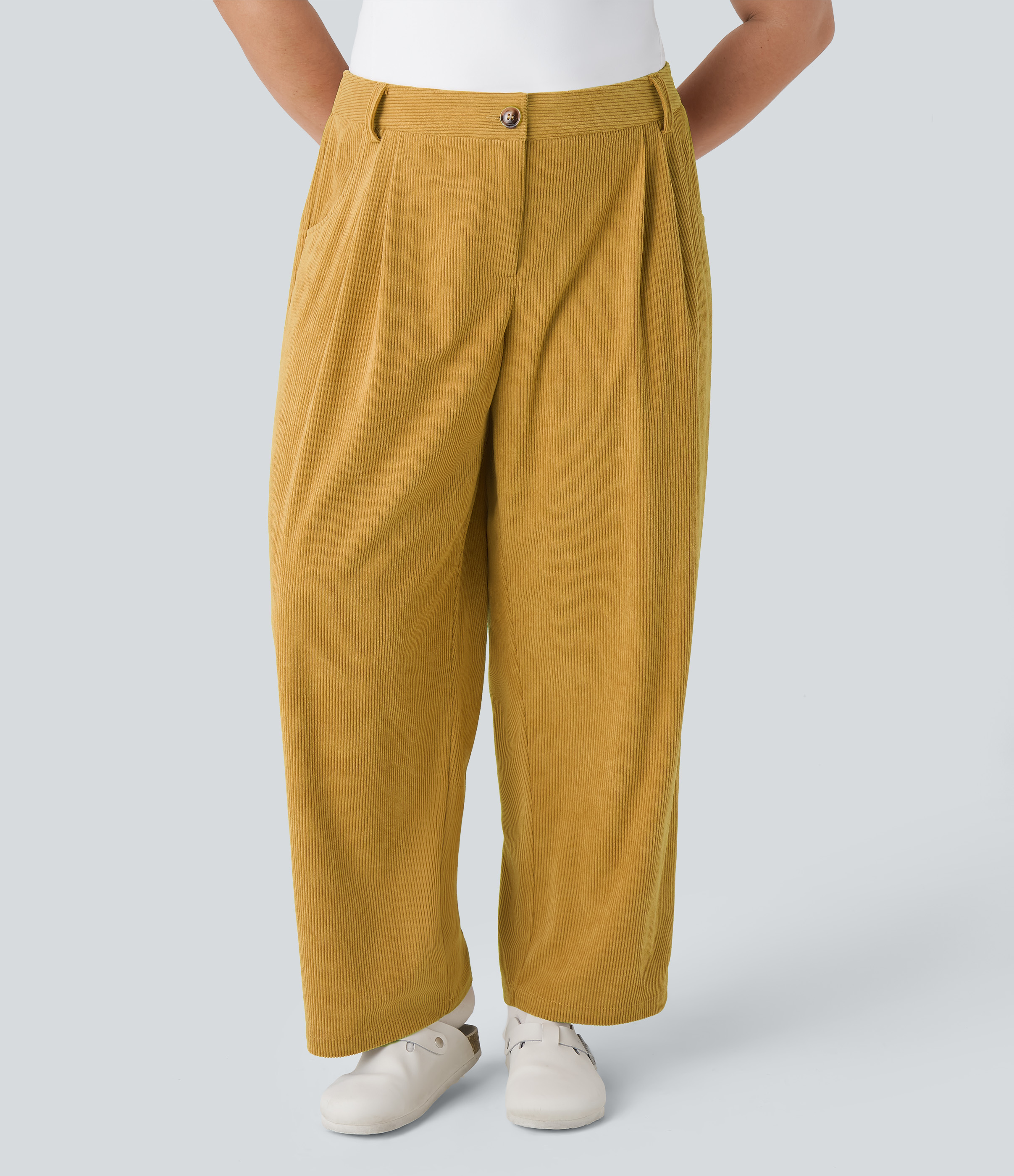 Mid Rise Zipper Pocket Plus Size Corduroy Casual Pants