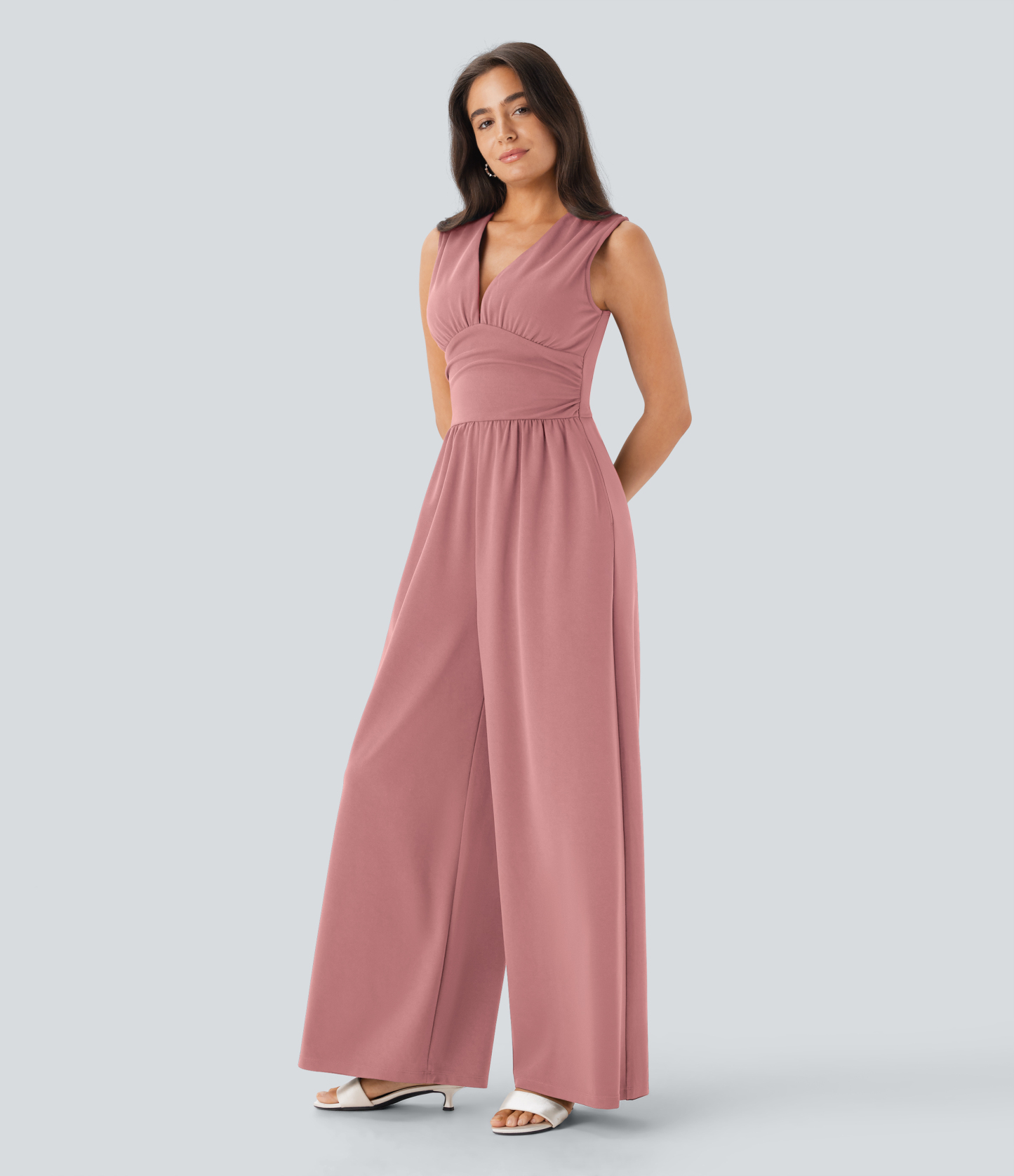 V Neck Sleeveless Ruched Pocket Jumpsuit-Easy Peezy