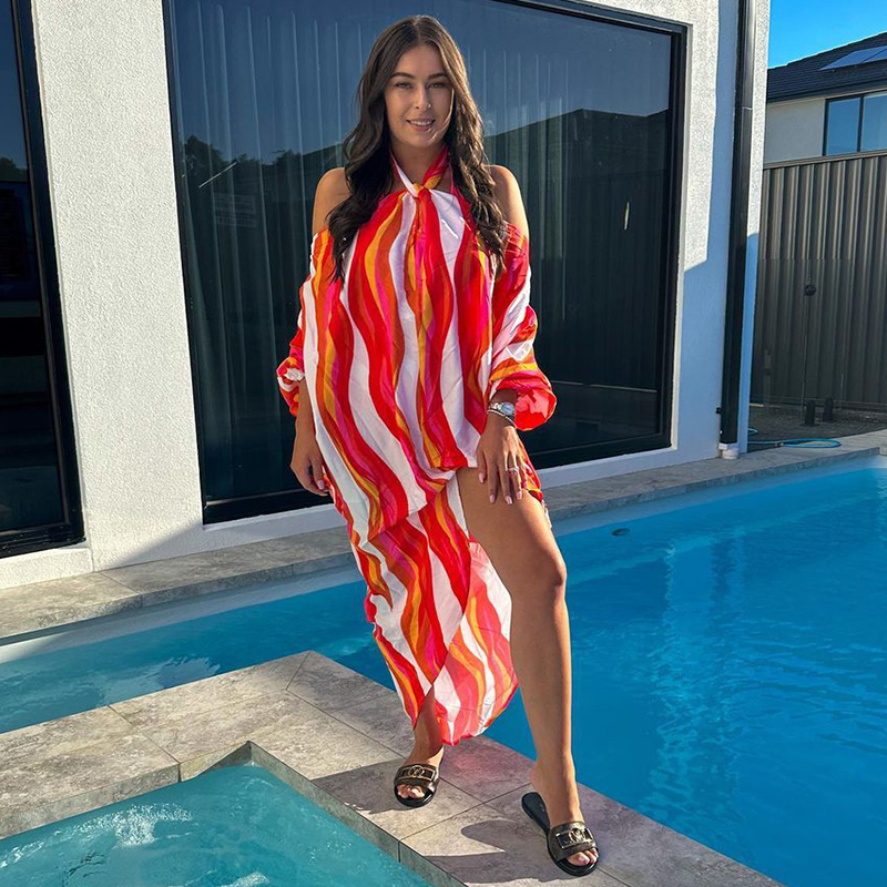Halter Printed Color Block One Piece Swimsuit and Cover Up