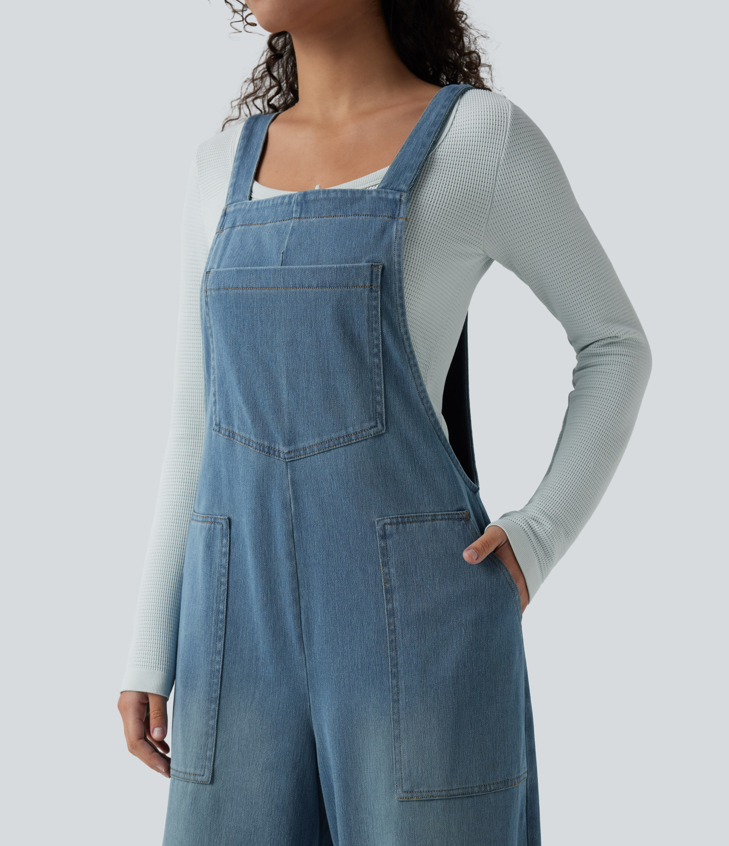 Square Neck Washed Denim Casual Overalls with Pockets