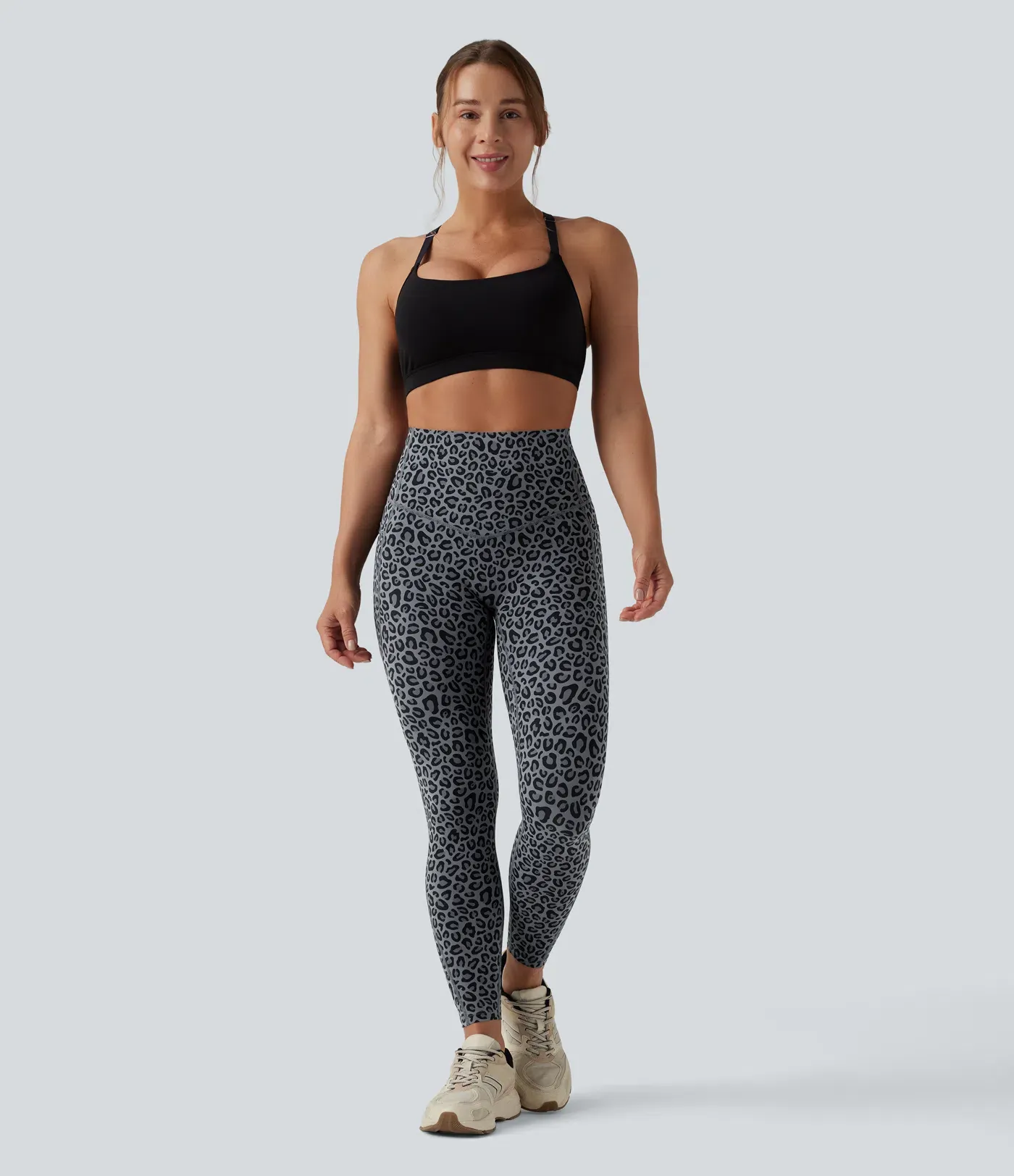 Leopard Print High Waisted Tummy Control Yoga Leggings with Pockets