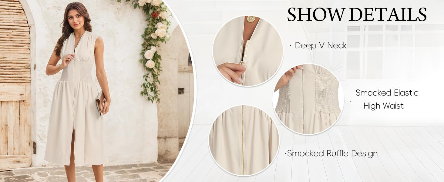 【GUNEST】Women&rsquo;s Summer Smocked Midi Dress&mdash;V-neck, sleeveless/cap sleeve, zipper back, high slit, flowy and elegant for parties, birthdays, or minimalist daily looks. Waist-trainer friendly. Stylish beige essential. Womenswear,#DealsForYouDays